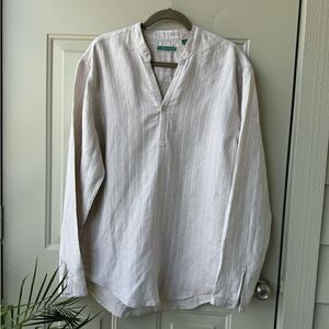 CUBAVERA Tan Striped Linen Popover Tunic Sz M, Band Collar, Minimalist Lagenlook